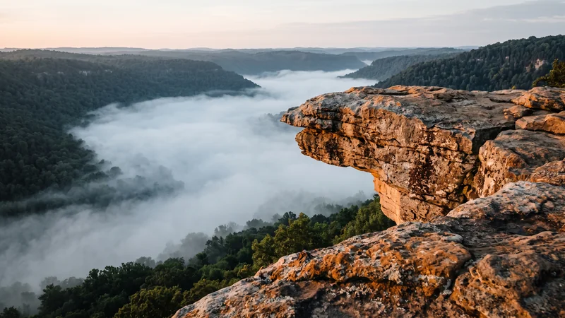 Hawksbill Crag rock ledge overlooking misty Ozark forest, Arkansas