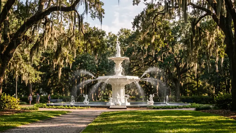 Forsyth Park fountain under Spanish moss-draped oaks, Georgia