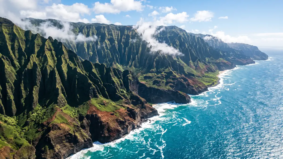 Na Pali Coast emerald cliffs meeting turquoise ocean, Hawaii