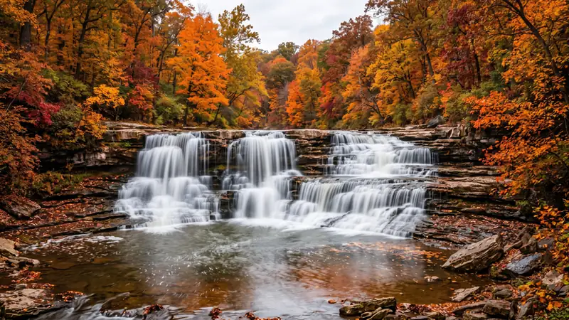 Cataract Falls over limestone ledges in autumn, Indiana