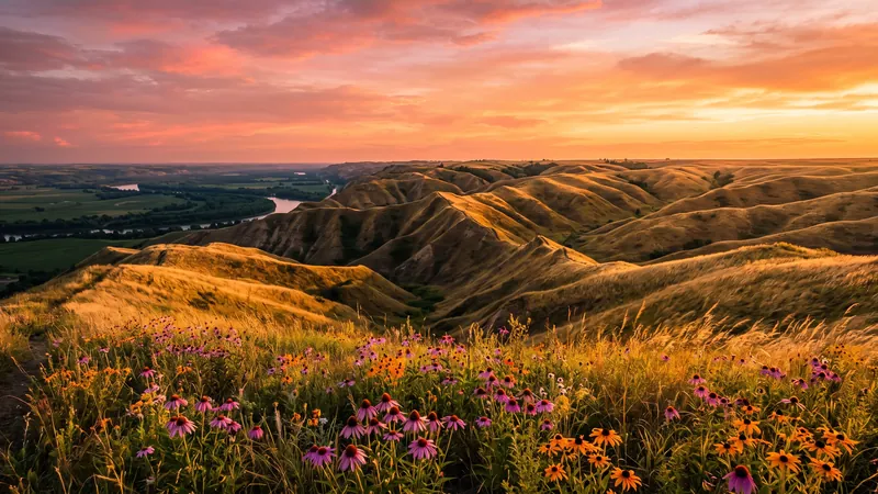 Golden Loess Hills prairie at sunset, Iowa