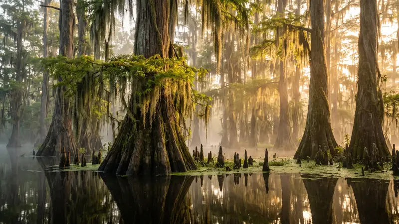 Cypress trees in misty Atchafalaya Basin swamp, Louisiana