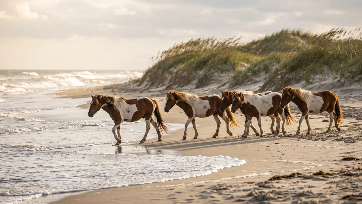 Wild horses on Assateague Island beach, Maryland