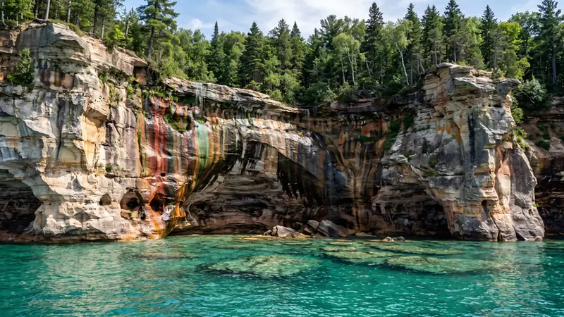 Colourful sandstone cliffs at Pictured Rocks, Michigan