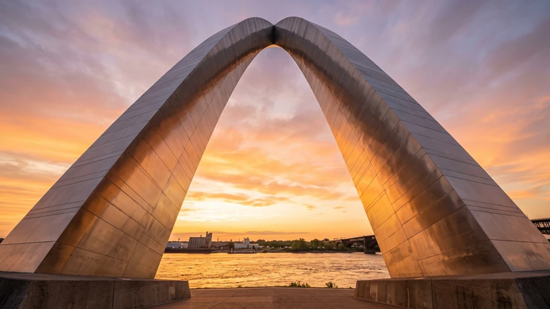 Gateway Arch over Mississippi River at sunrise, Missouri