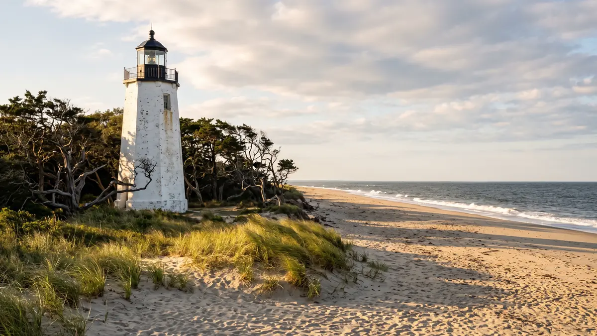 Sandy Hook Lighthouse amid coastal forest, New Jersey