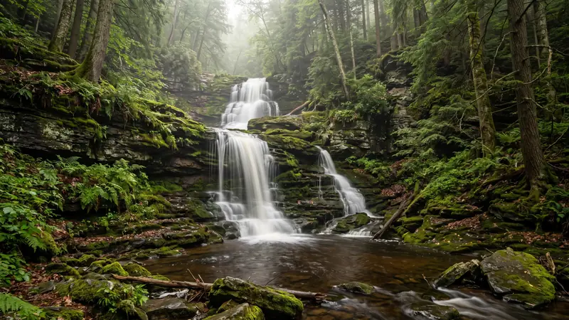 Ganoga Falls in hemlock forest at Ricketts Glen, Pennsylvania