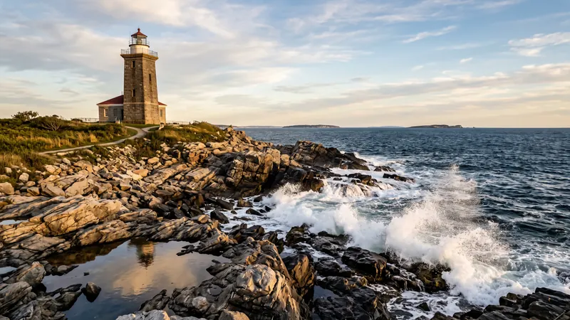 Beavertail Lighthouse on rocky Atlantic shore, Rhode Island