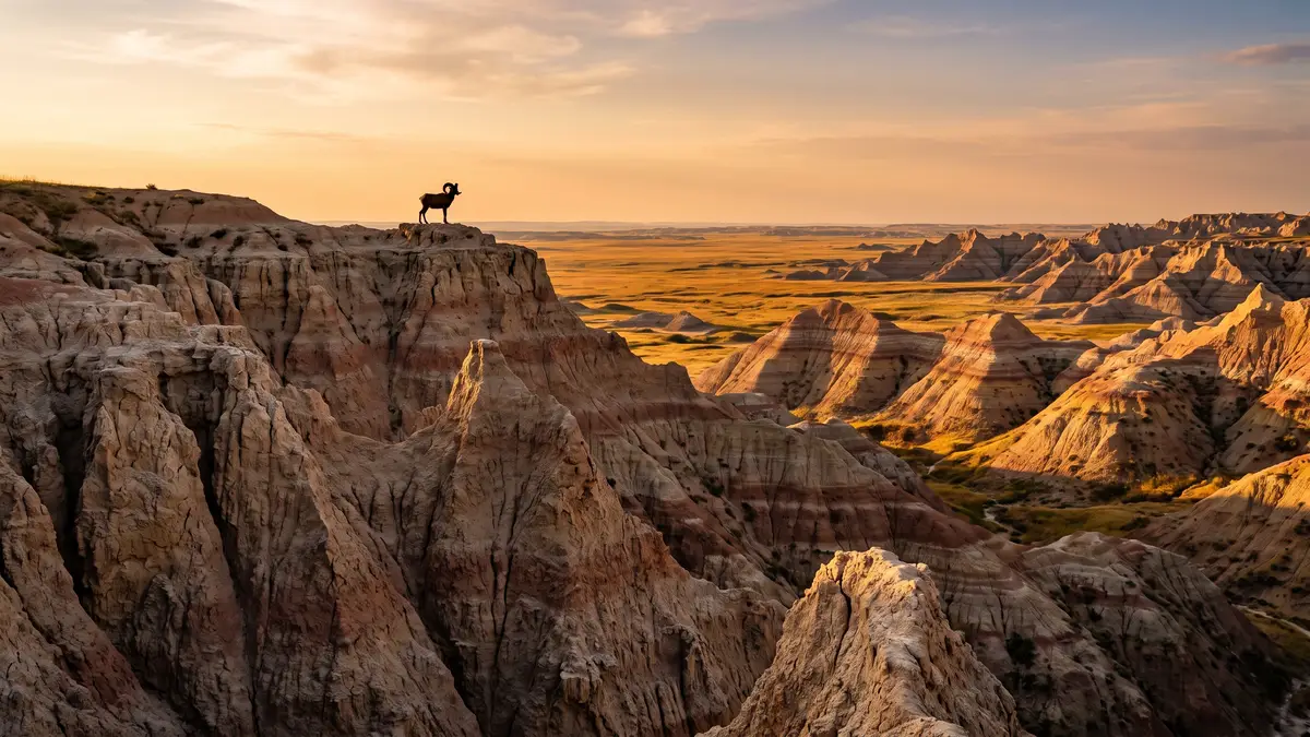 Eroded buttes and mixed-grass prairie at Badlands National Park, South Dakota