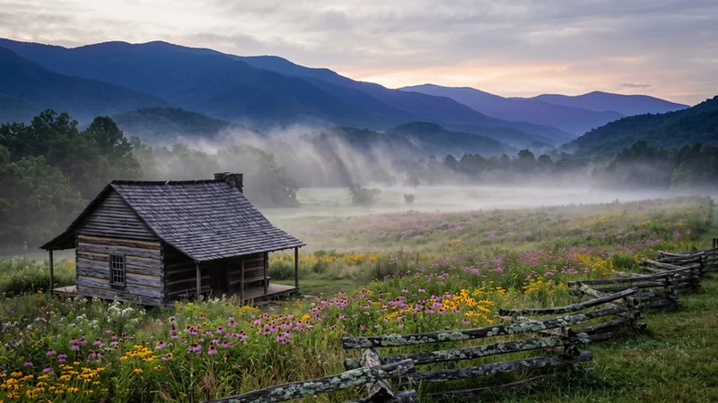 Morning mist in Cades Cove with Smoky Mountains, Tennessee