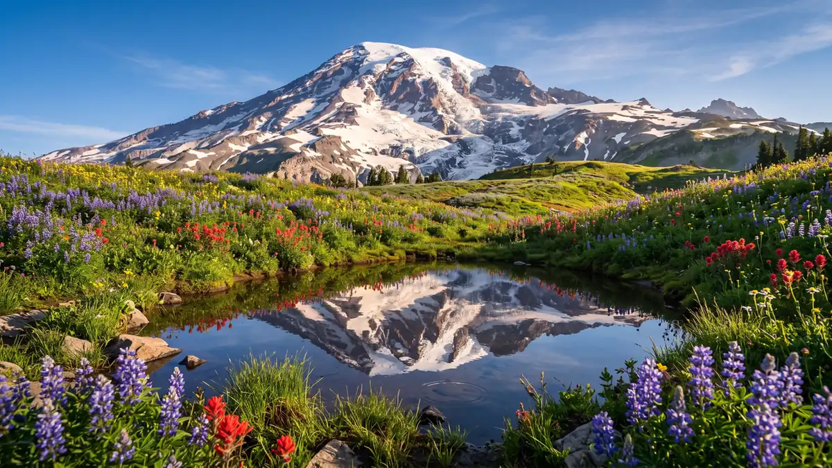 Mount Rainier above wildflower meadows at Paradise, Washington