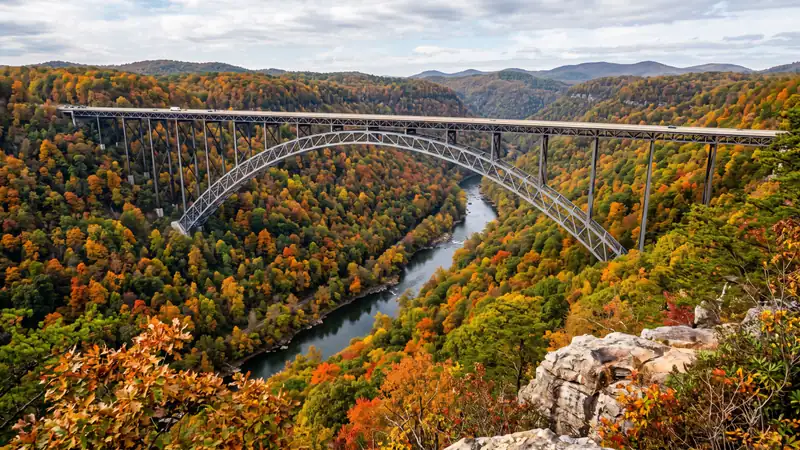 New River Gorge Bridge arching over forested canyon, West Virginia
