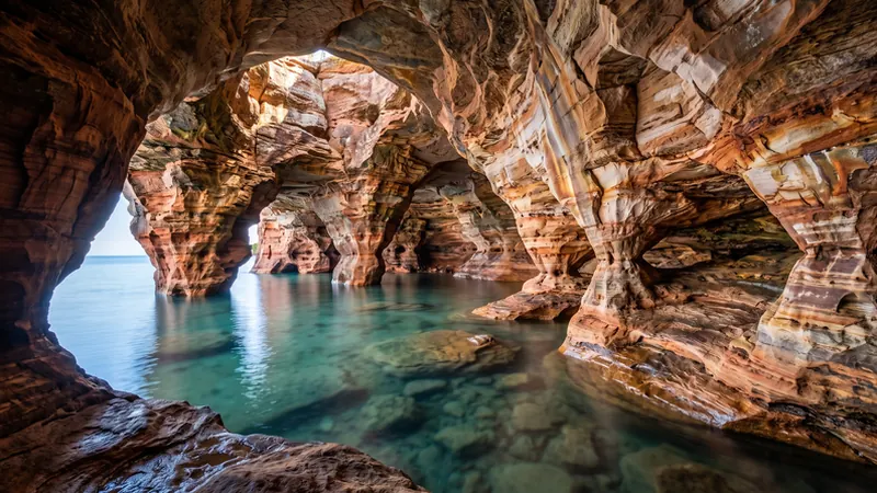 Red sandstone sea caves at Apostle Islands, Wisconsin