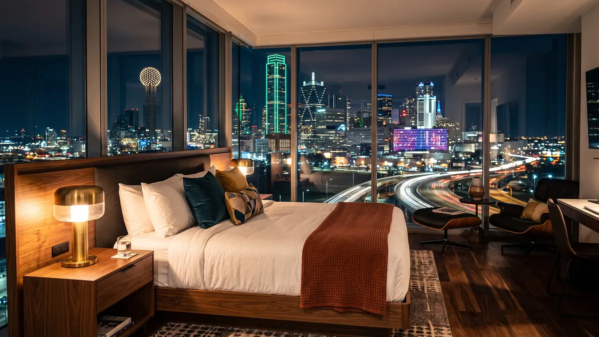 W Dallas Victory hotel near American Airlines Center at night