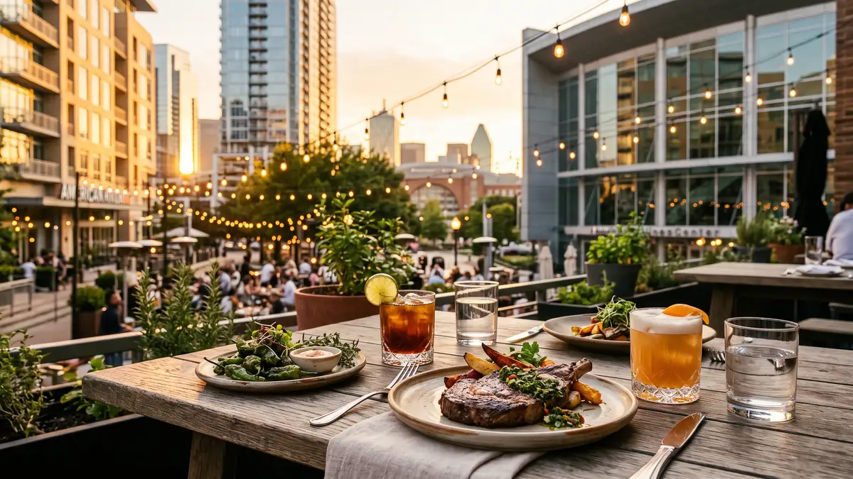 Victory Park restaurant scene with Dallas skyline at dusk near American Airlines Center