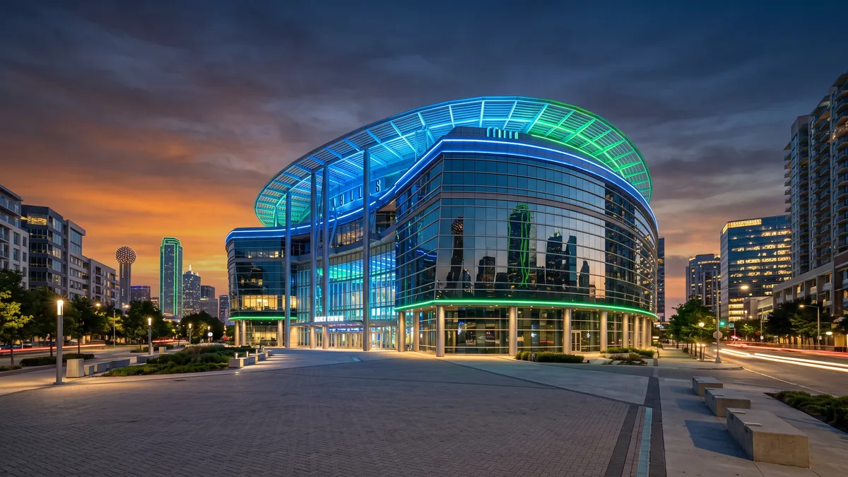 American Airlines Center in Dallas Victory Park district at sunset with fans walking along Victory Avenue