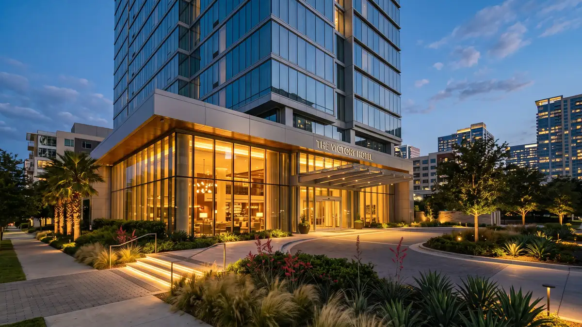 W Dallas Victory hotel overlooking the American Airlines Center and Victory Park at dusk
