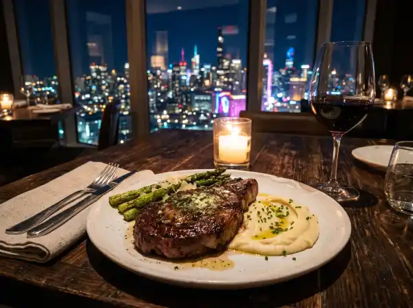 High-end Las Vegas steakhouse dinner with Strip views