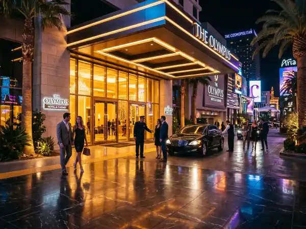 Luxury Las Vegas Strip hotel entrance at night with neon lights and palm trees