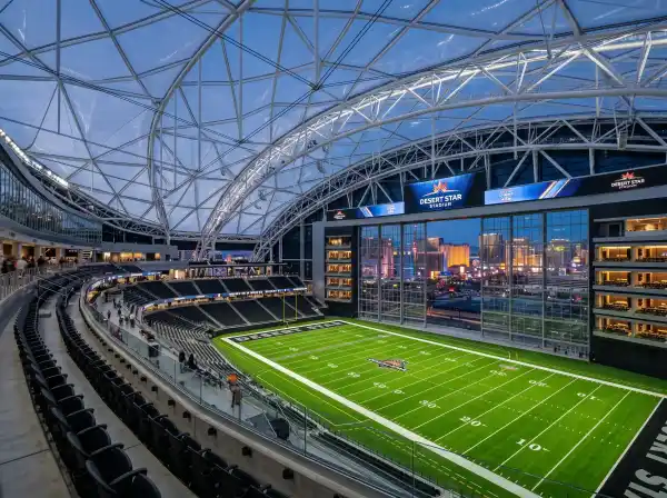Inside Allegiant Stadium with the Las Vegas Strip visible through the glass end zone doors