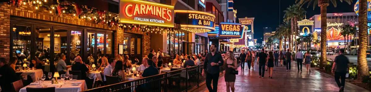 Las Vegas restaurant and bar district at night with neon signs and outdoor dining