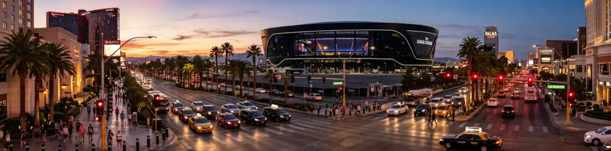 Las Vegas Boulevard with Allegiant Stadium visible in the background, rideshare vehicles and pedestrians on sidewalks