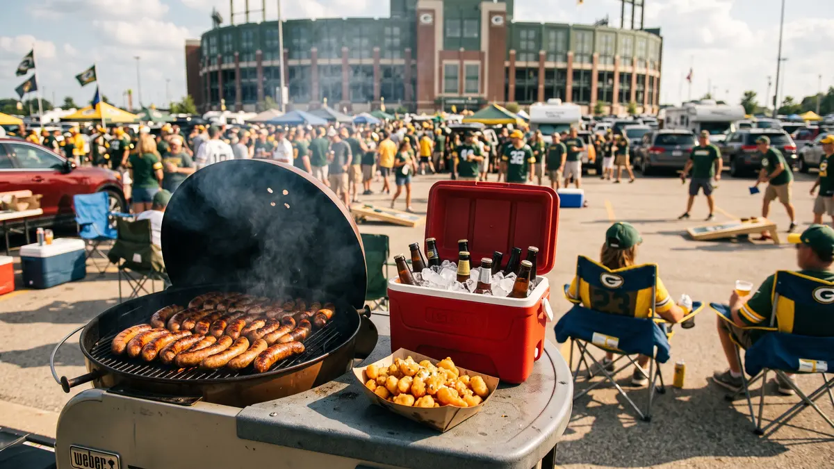 Tailgating at American Family Field with brats on the grill and Brewers fans in the parking lot