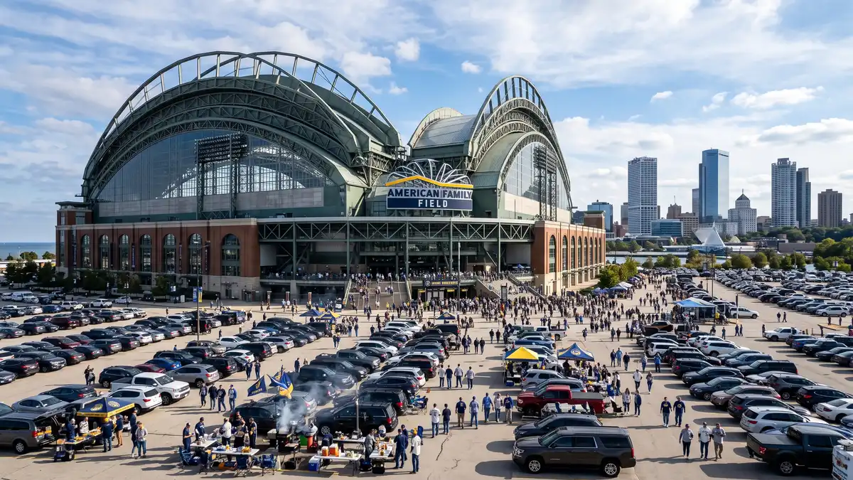 American Family Field in Milwaukee with its retractable roof open on a summer game day with fans streaming toward the entrance