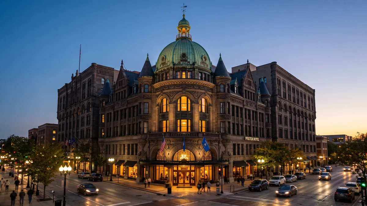 Milwaukee skyline at dusk with hotels near American Family Field