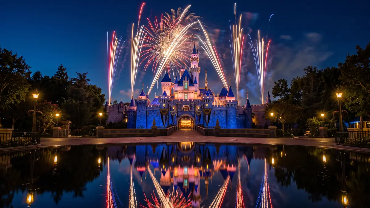 Disneyland castle and Downtown Disney with Angel Stadium visible in the Anaheim skyline