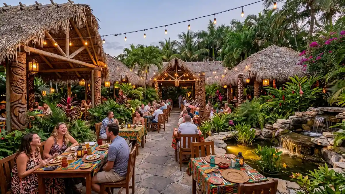 Families eating at shaded outdoor tables at Flame Tree Barbecue overlooking the water at Disney's Animal Kingdom