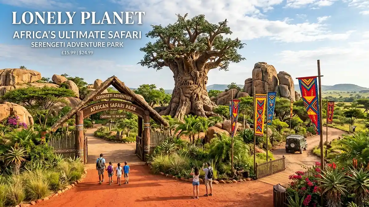 The entrance to Disney's Animal Kingdom with families walking through the gates and the park entrance sign visible
