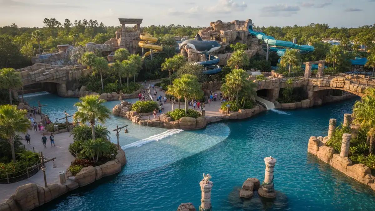Main entrance building and guest services area at Aquatica Orlando SeaWorld water park