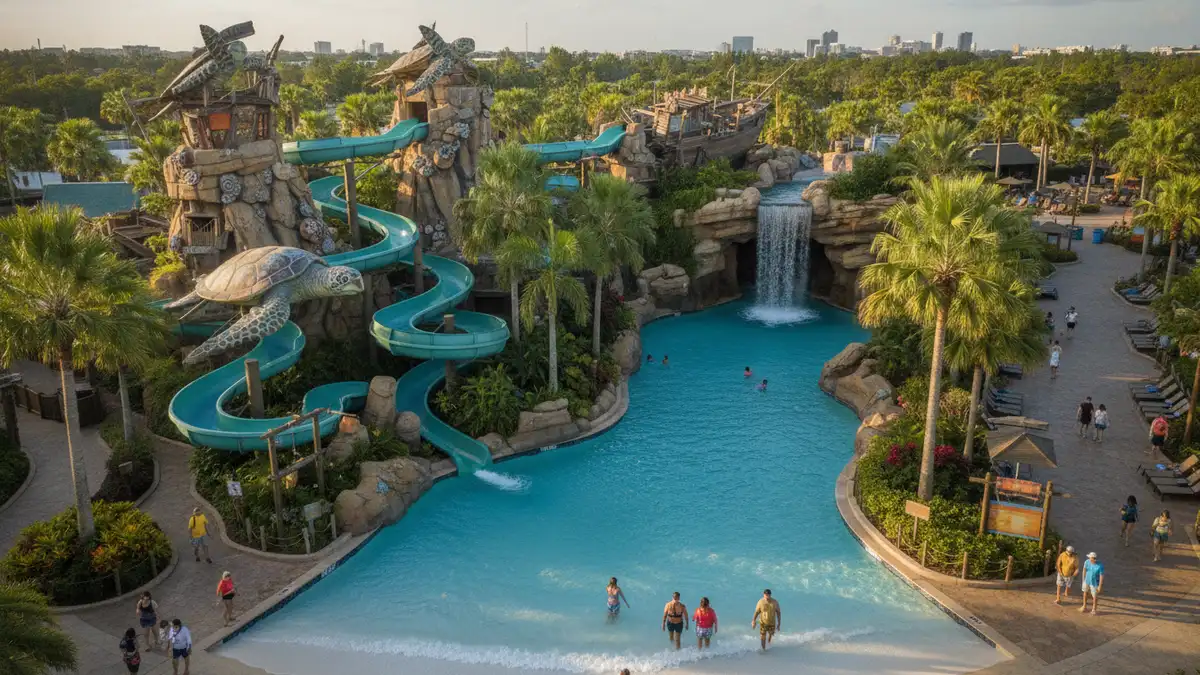 Loggerhead Lane lazy river with tropical fish grotto and lush landscaping at Aquatica Orlando