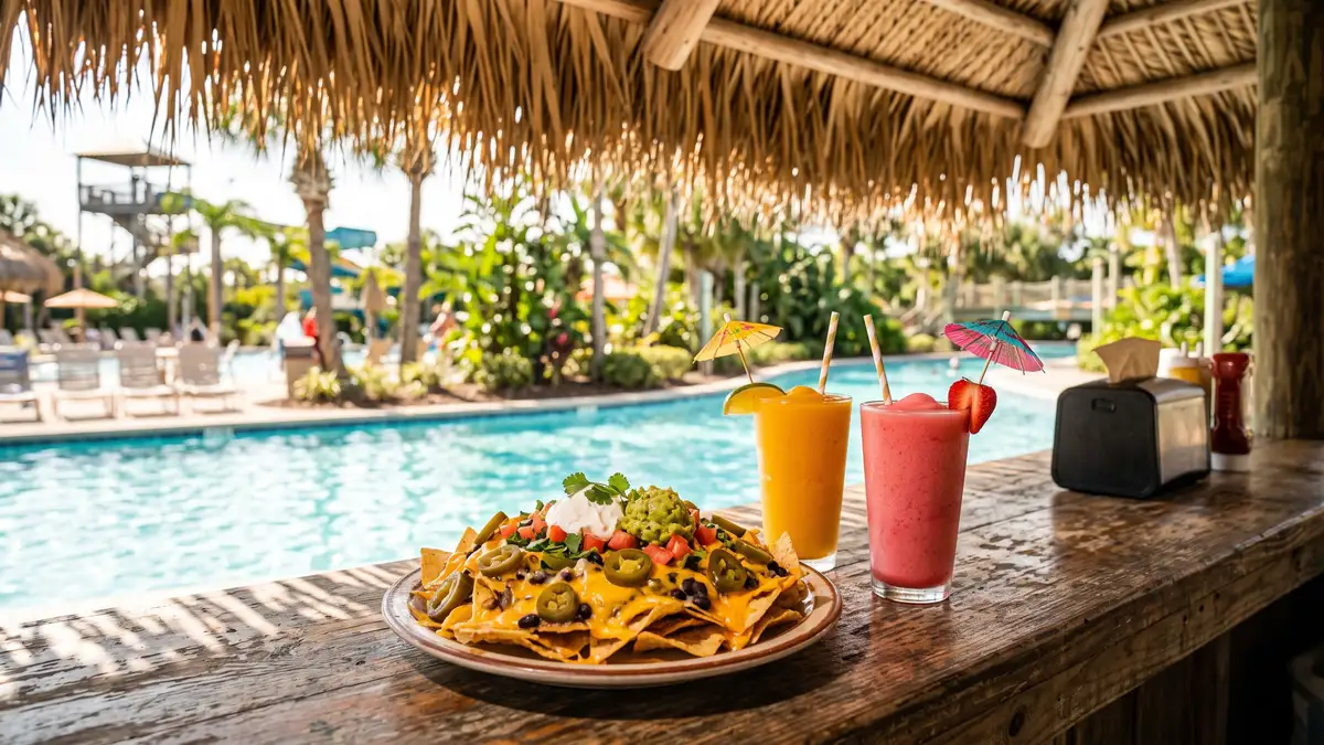 Tropical themed dining areas and food stands serving family meals at Aquatica Orlando SeaWorld water park