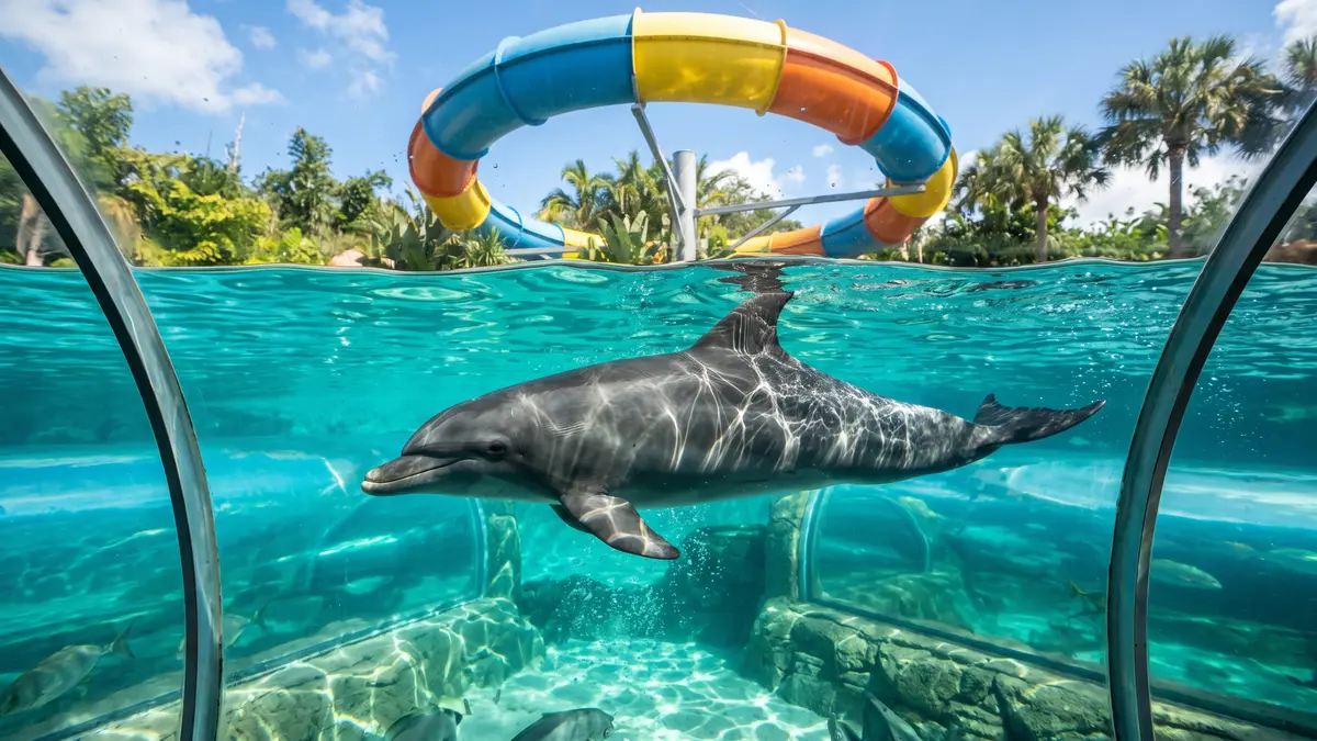 Colorful water slides and attractions at Aquatica Orlando SeaWorld water park with tropical landscaping and families