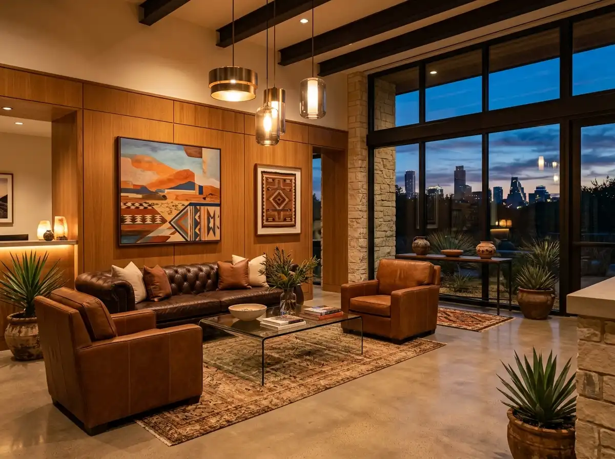 Modern hotel lobby with Texas decor near AT&T Stadium