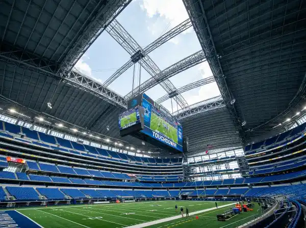 Inside AT&T Stadium showing the massive video board and retractable roof