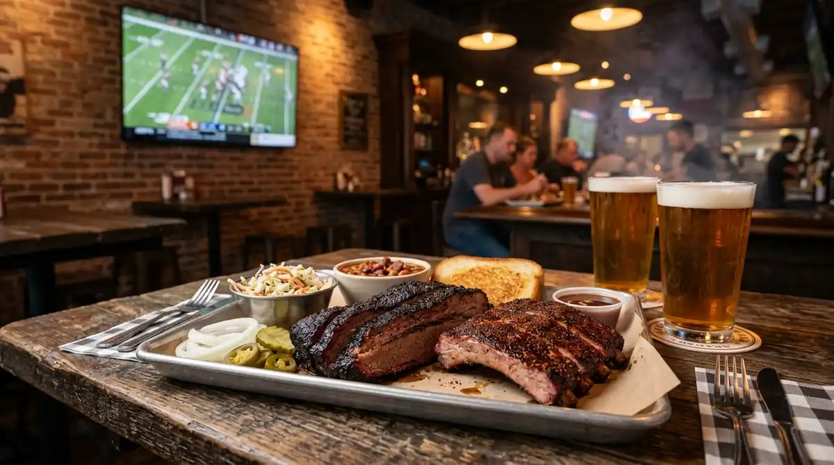 Texas BBQ brisket and craft beers at a sports bar near AT&T Stadium in Arlington
