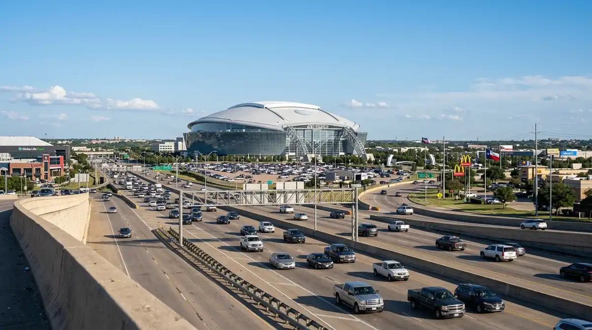 Highway approach to AT&T Stadium from Interstate 30 showing the distinctive arch and glass facade