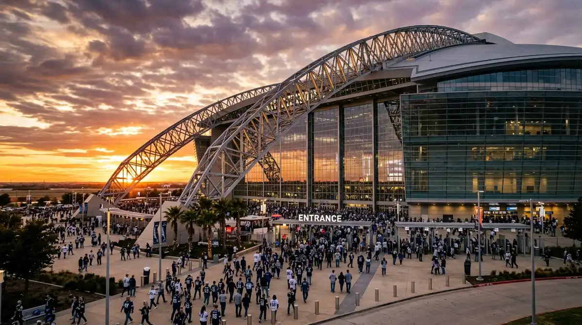AT&T Stadium at golden hour with fans approaching the massive glass walls and iconic steel arch against a dramatic Texas sunset sky