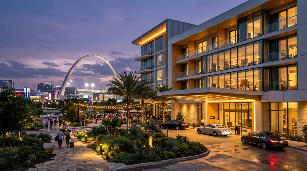Modern hotel exterior at dusk in the Arlington Entertainment District near AT&T Stadium