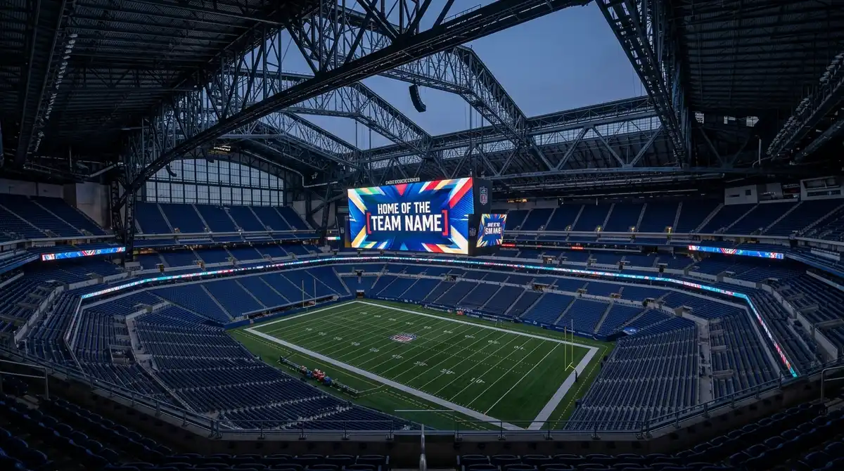 Inside AT&T Stadium showing the enormous center-hung video board and vast interior