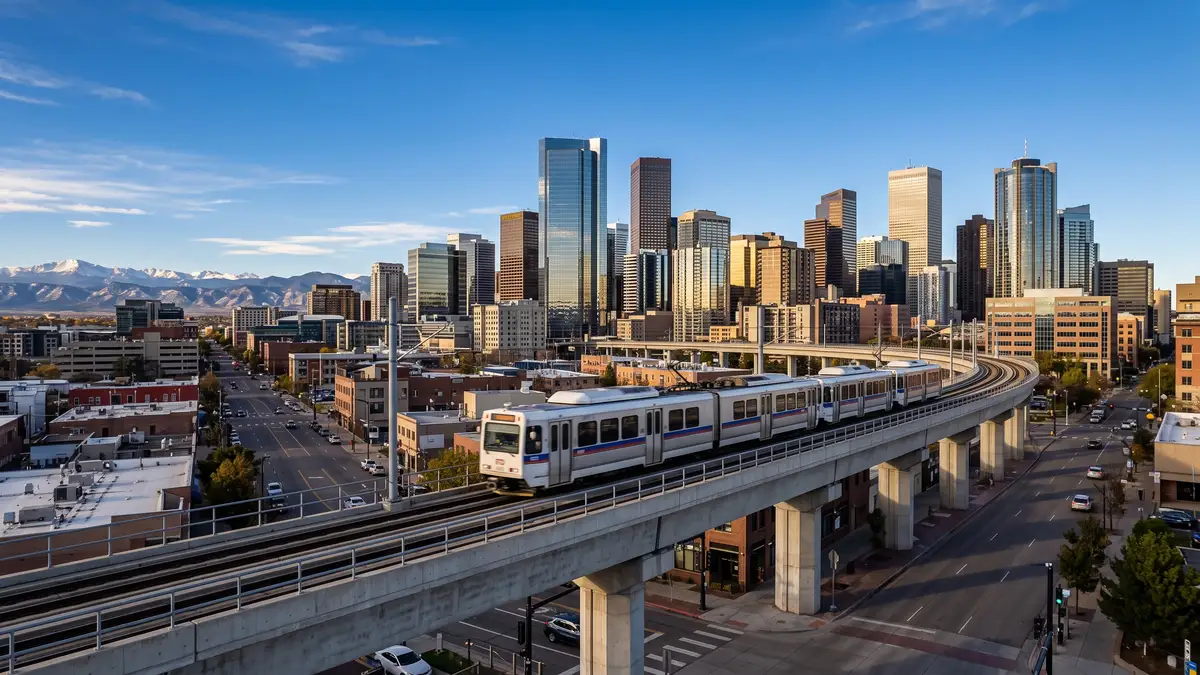 Aerial view of Ball Arena Denver showing light rail station and I-25 access