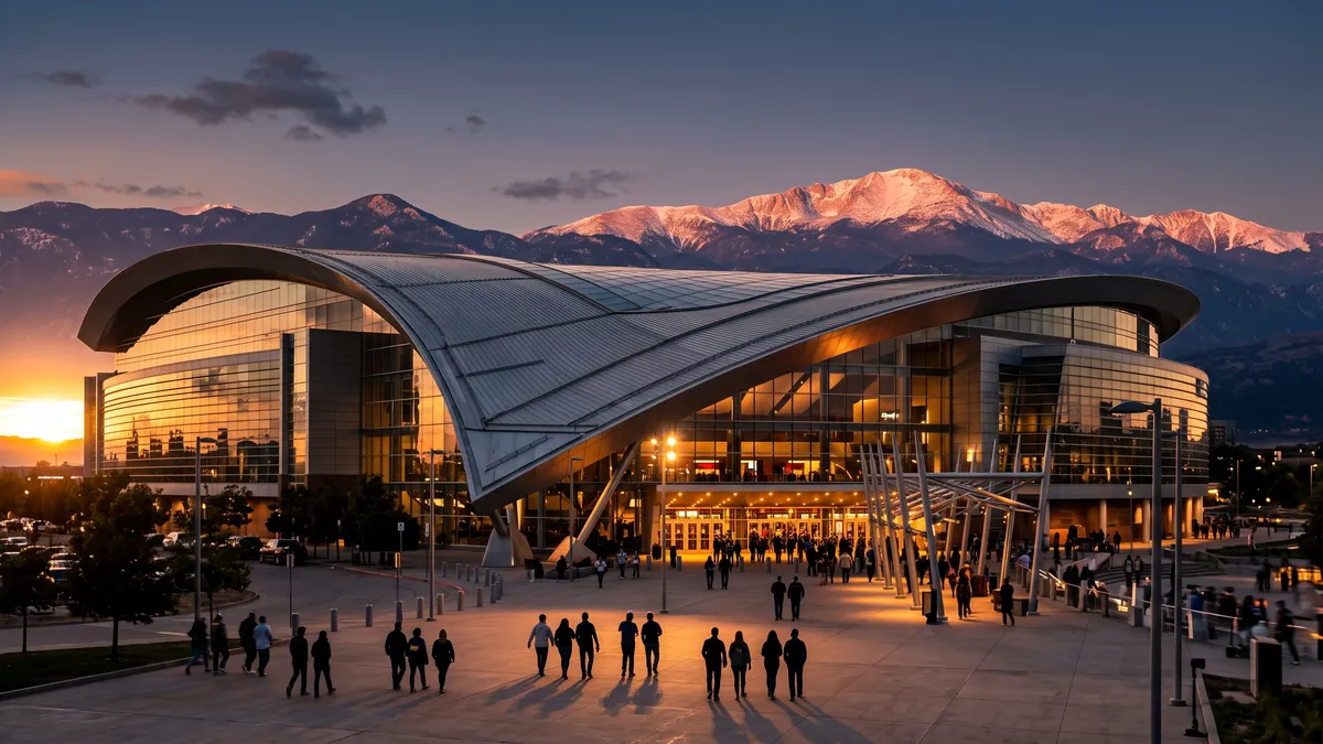 Ball Arena in Denver Colorado at dusk with the Rocky Mountains in the background and fans arriving for a game