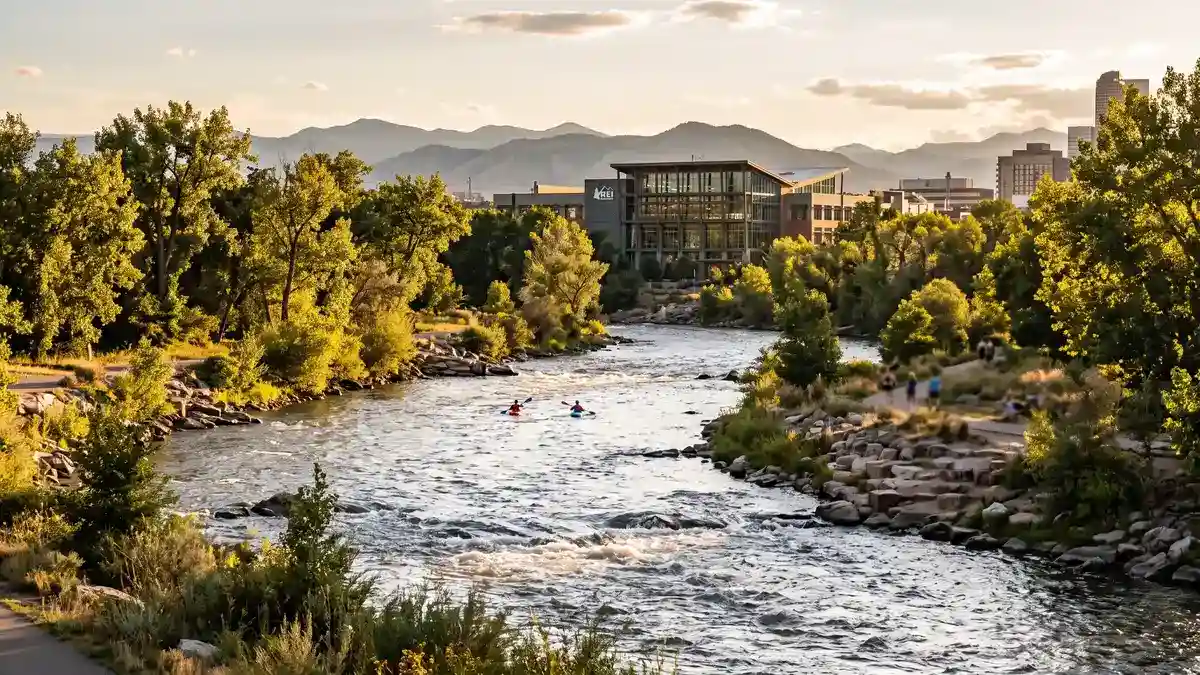 Confluence Park Denver with South Platte River and downtown skyline