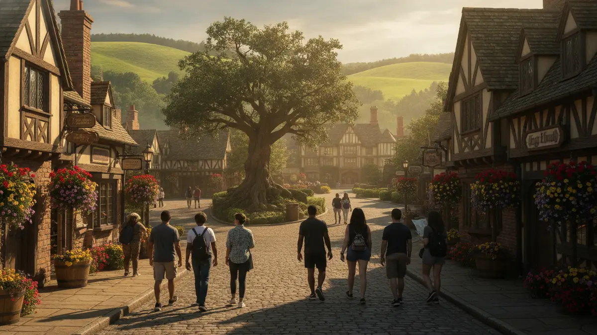 England village entrance with Tudor architecture and Globe Theatre at Busch Gardens Williamsburg Virginia