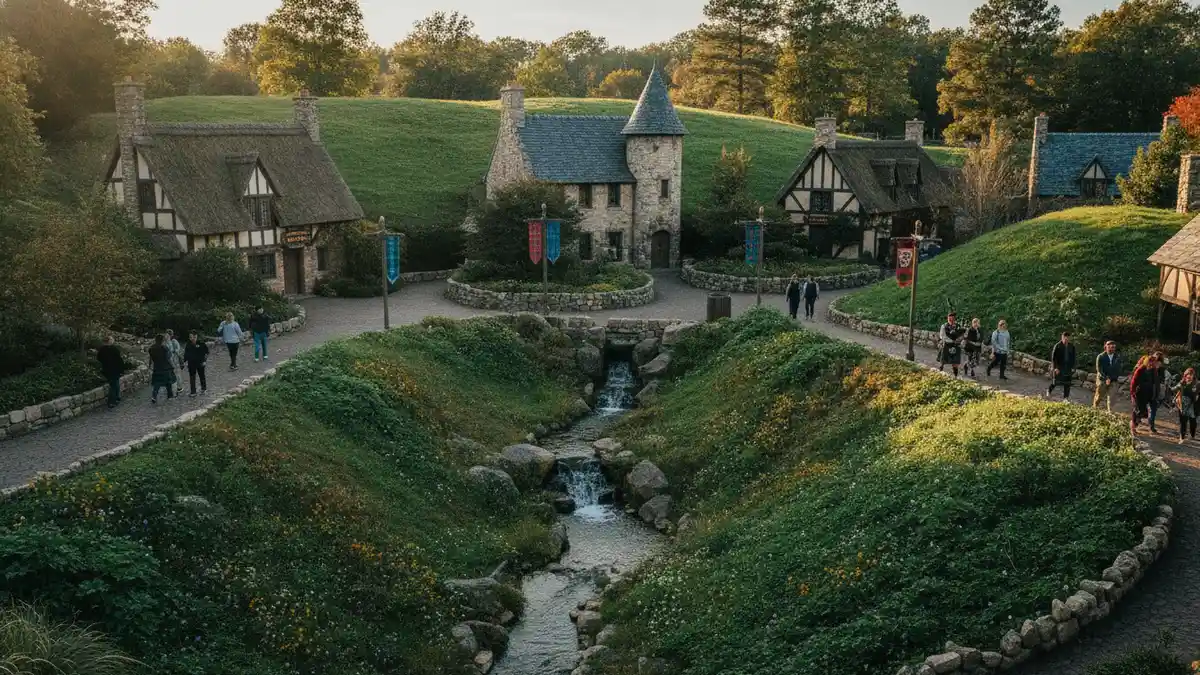 Scotland themed area with Loch Ness Monster coaster track over lake at Busch Gardens Williamsburg