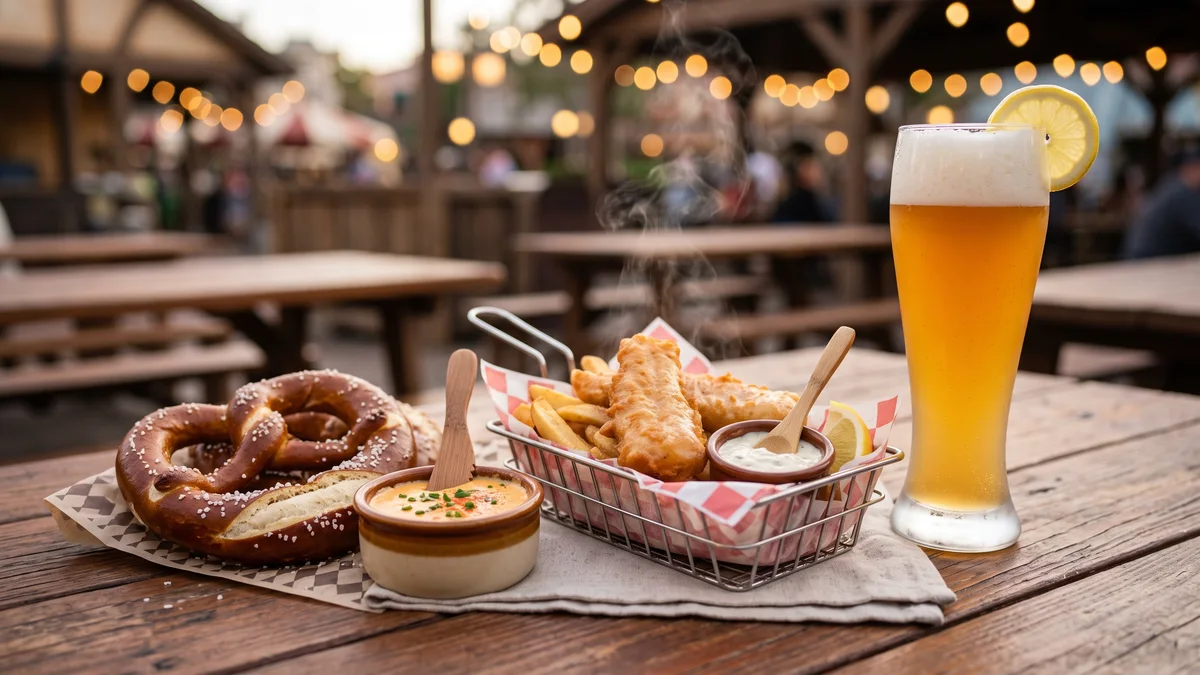 Giant German pretzel with mustard dip on a wooden board at Busch Gardens Williamsburg Oktoberfest area