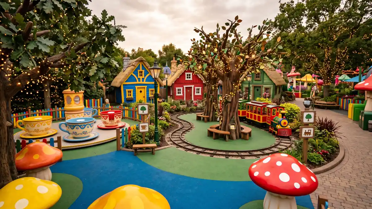 Sesame Street Forest of Fun kids area with toddler rides and Sesame characters at Busch Gardens Williamsburg